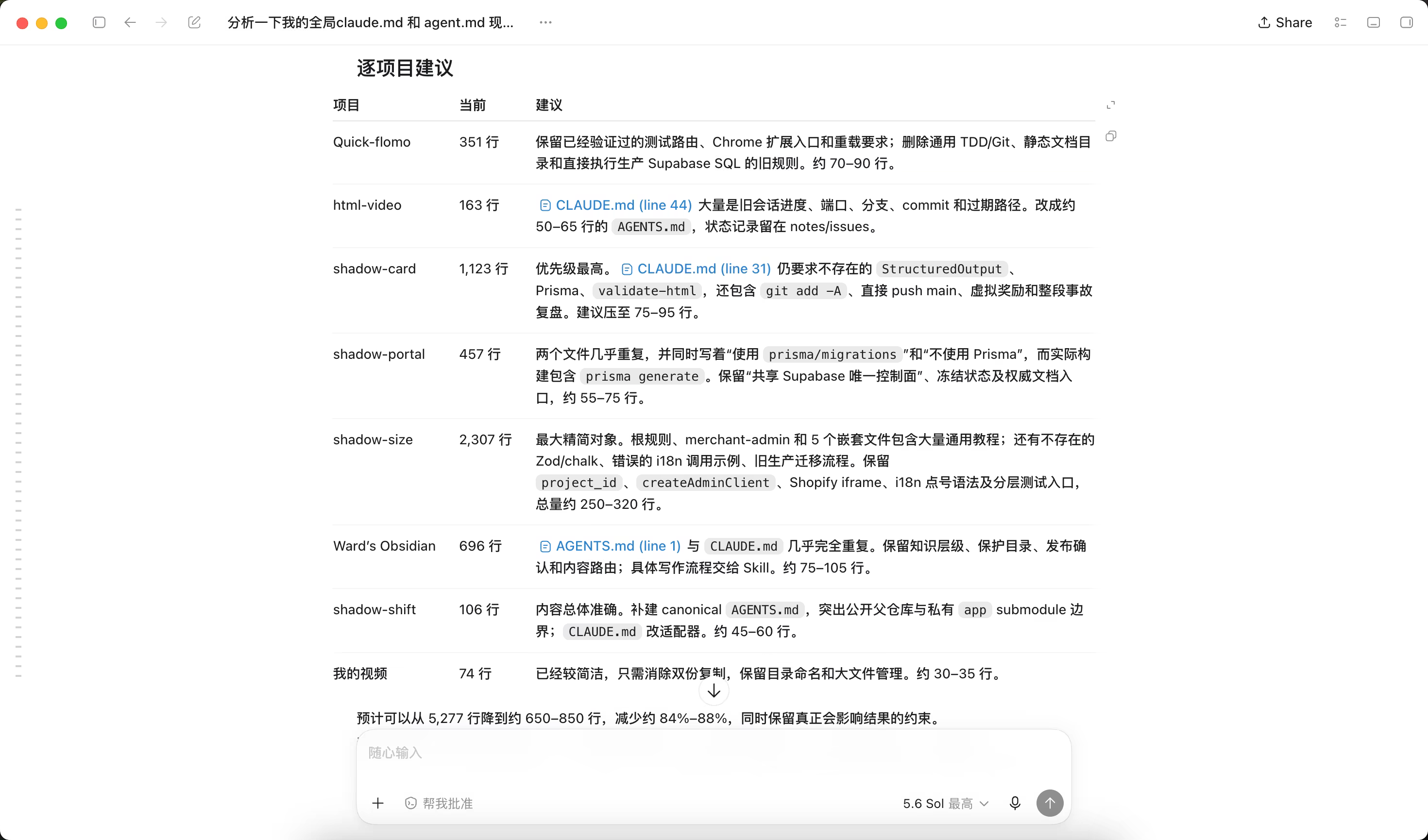 按專案列出的規則精簡建議表,含 Quick-flomo、html-video、shadow-card 等專案的當前行數與建議行數