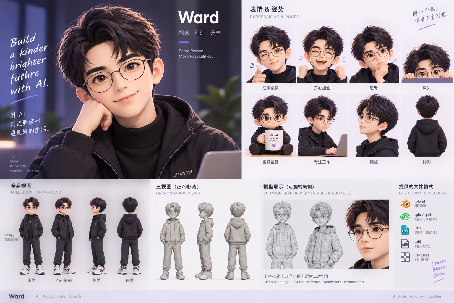 Ward 的 IP 3D 概念設計稿：表情姿勢、全身視圖、三視圖與可旋轉的提模型展示